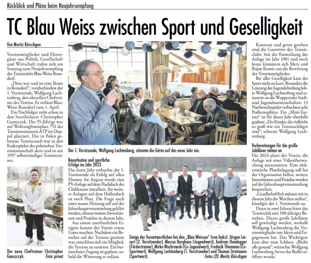 Neujahrsempfang bei TC Blau-Weiss Ronsdorf. Zeitungsartikel abfotografiert